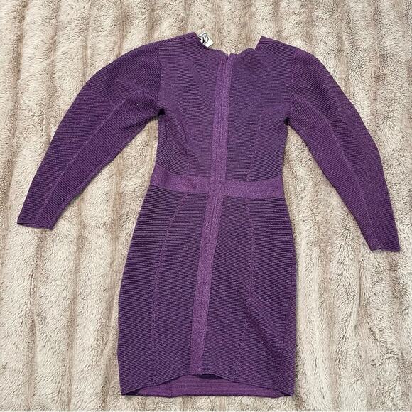 New Herve Leger‎ Purple Metallic Exaggerated Sleeve Mini Dress - Picture 6 of 8